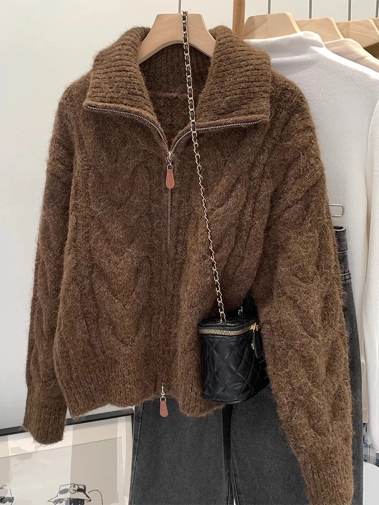 Frauen Herbst Winter Neue Faul Stil Lose Strickjacke Retro Solide Doppel-reißverschluss drehen-unten Kragen Pullover Verdicken Lose tops