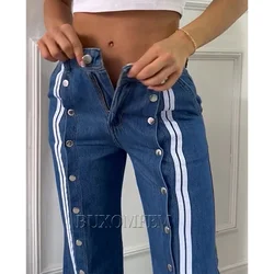 Stylish Unique Loose Jeans with buttons Washed Blue Wide Leg Pants Y2k Streetwear Full Length Straight Pant Outwear New Bottoms