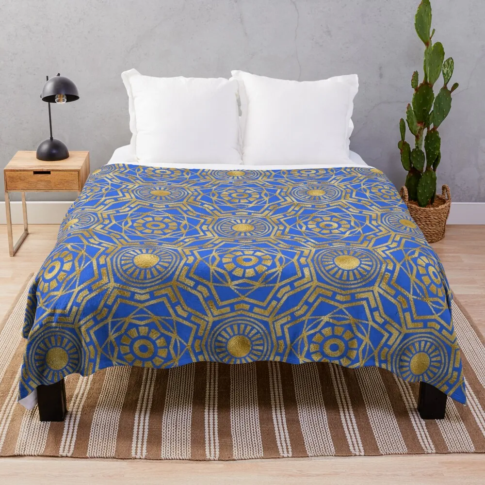 Royal Blue And Golden Sophisticated Art Deco Pattern Throw Blanket Retros Tourist Soft Plush Plaid Picnic Blankets