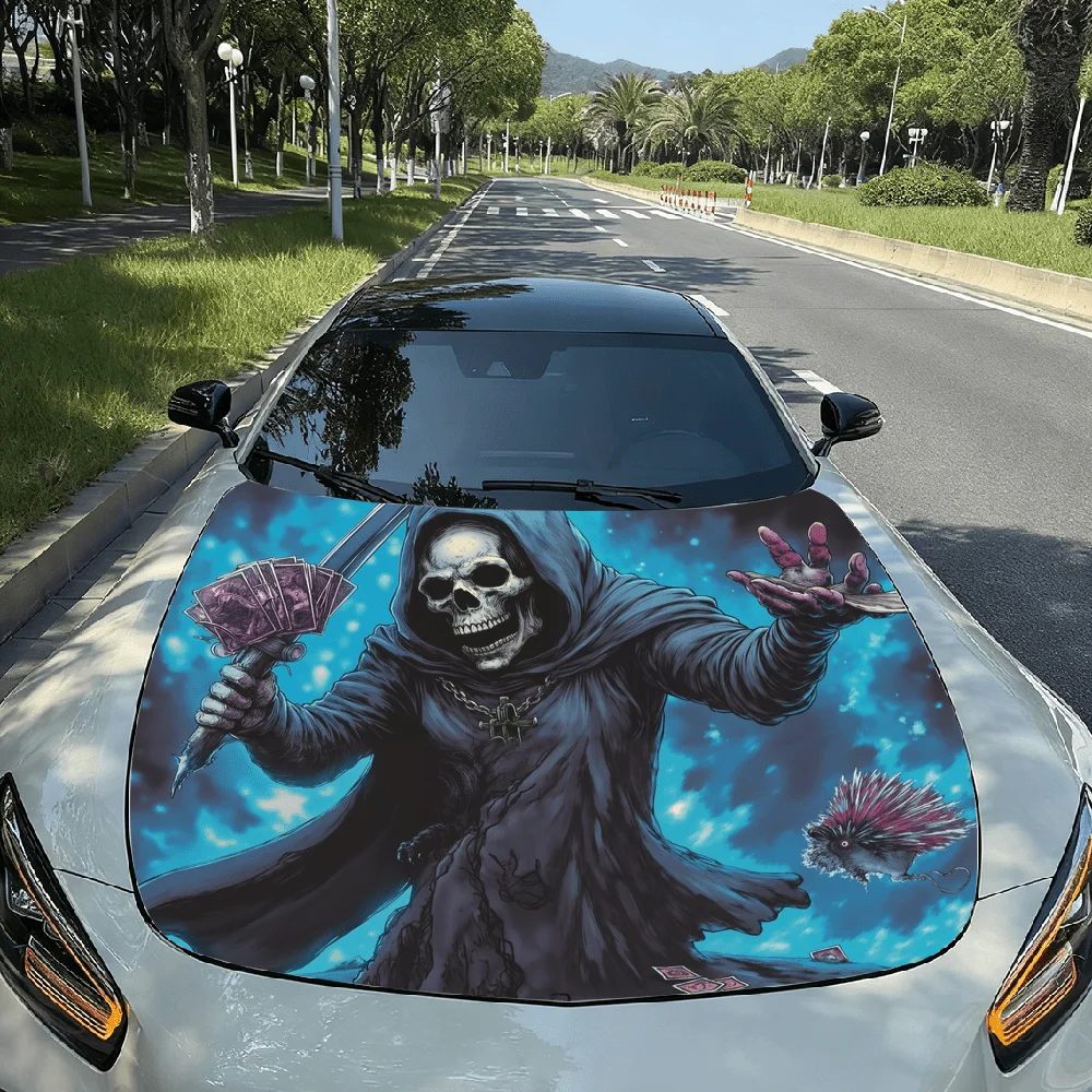 

Grim reaper holding a sword and playing cards car hood sticker premium vinyl sticker for automotive durable pvc vinyl wrap for c