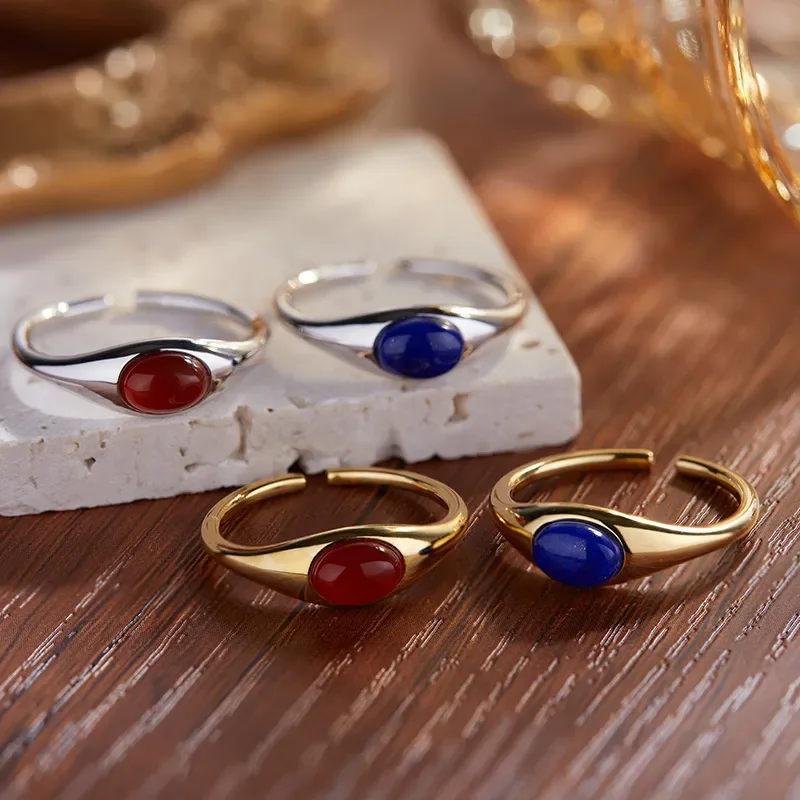 Xiaohongshu Douyin minimalist personality design S925 sterling silver inlaid with natural agate blue gold treasure ring