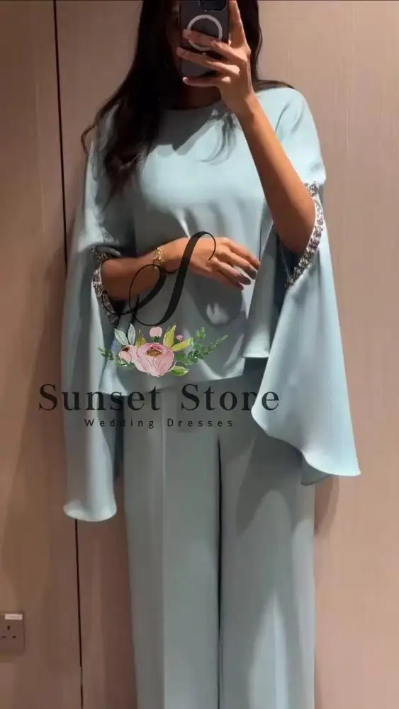 Customized 2 Pieces Mother of the Bride Outfit O Neck Batwing Sleeve Wedding Guest Pant Suits Crystal Trim Abaya