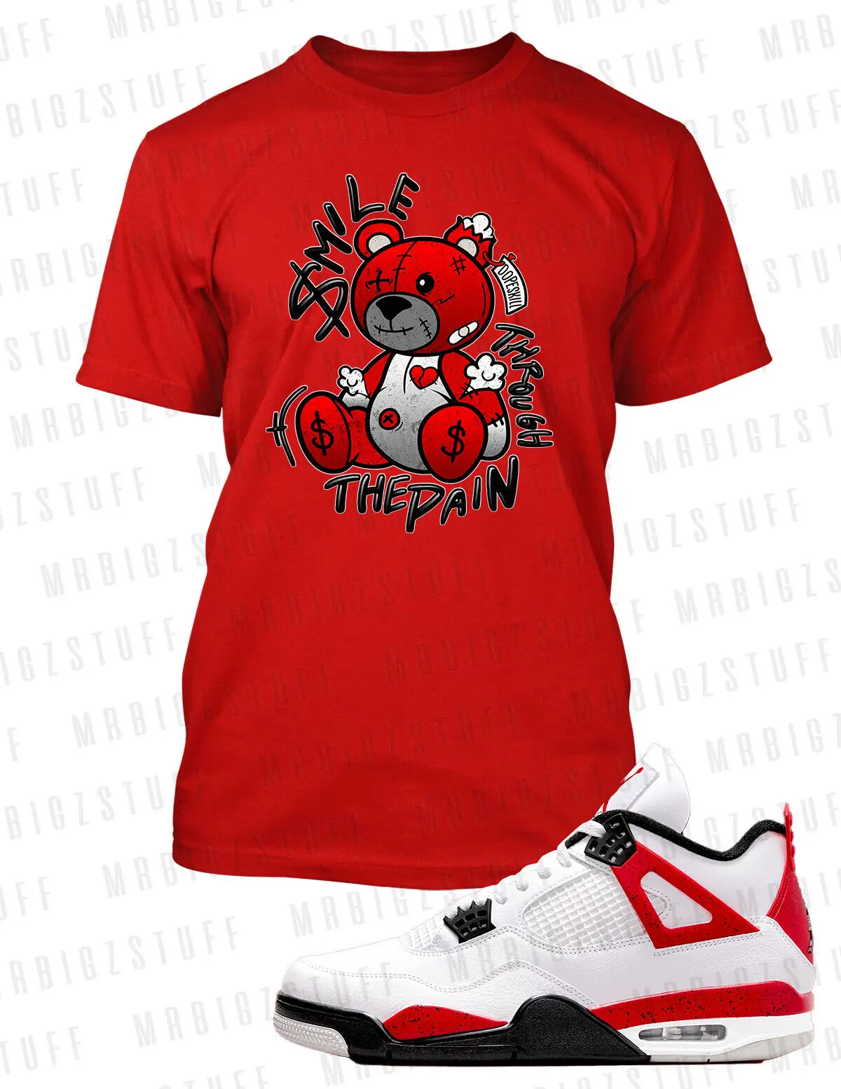 Smile Thu the Pain Sneaker Tee Shirt to Match J4 Red Cement Graphic Sport Tshirt