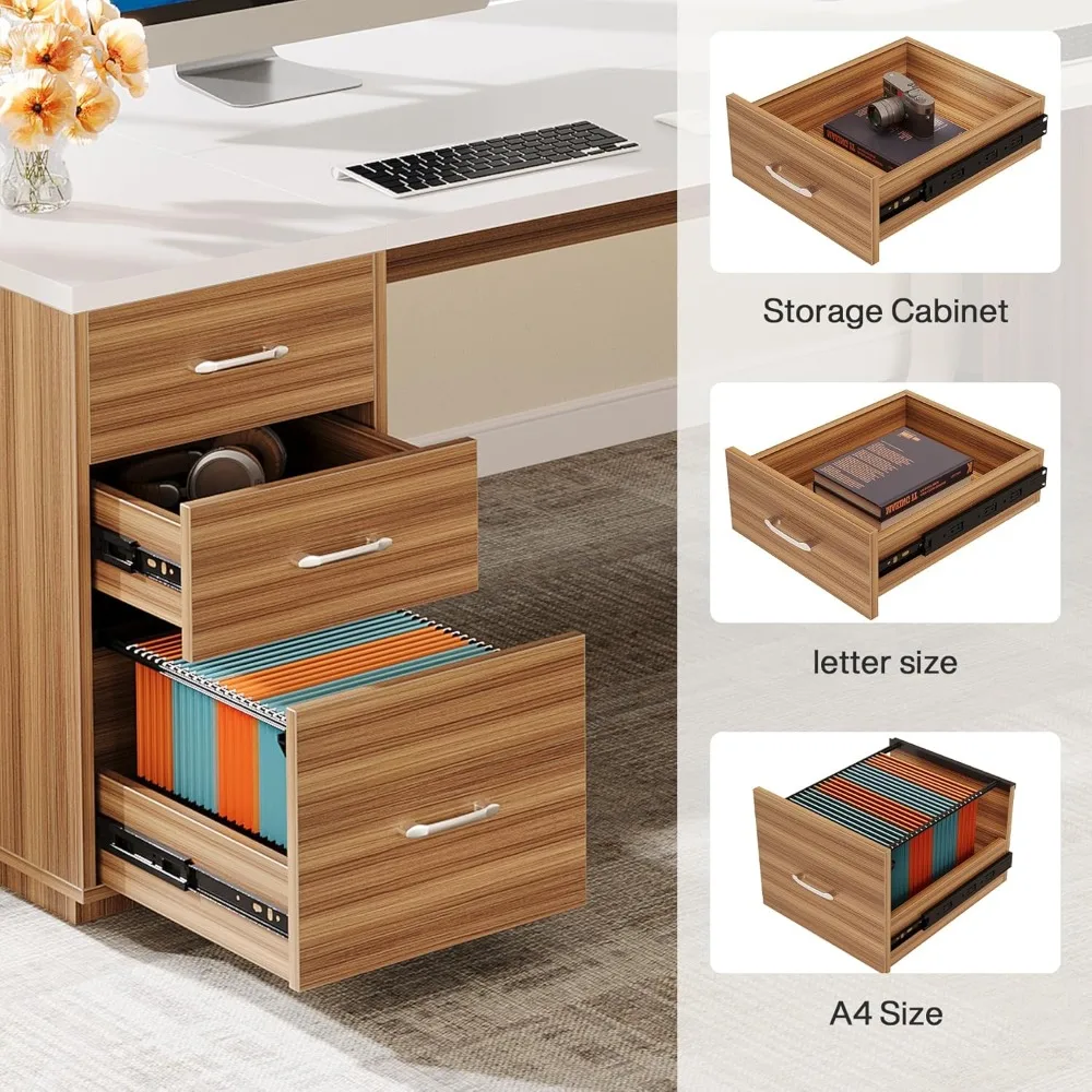 Large Modern L-Shaped Executive Office Desk with Storage, File Drawers