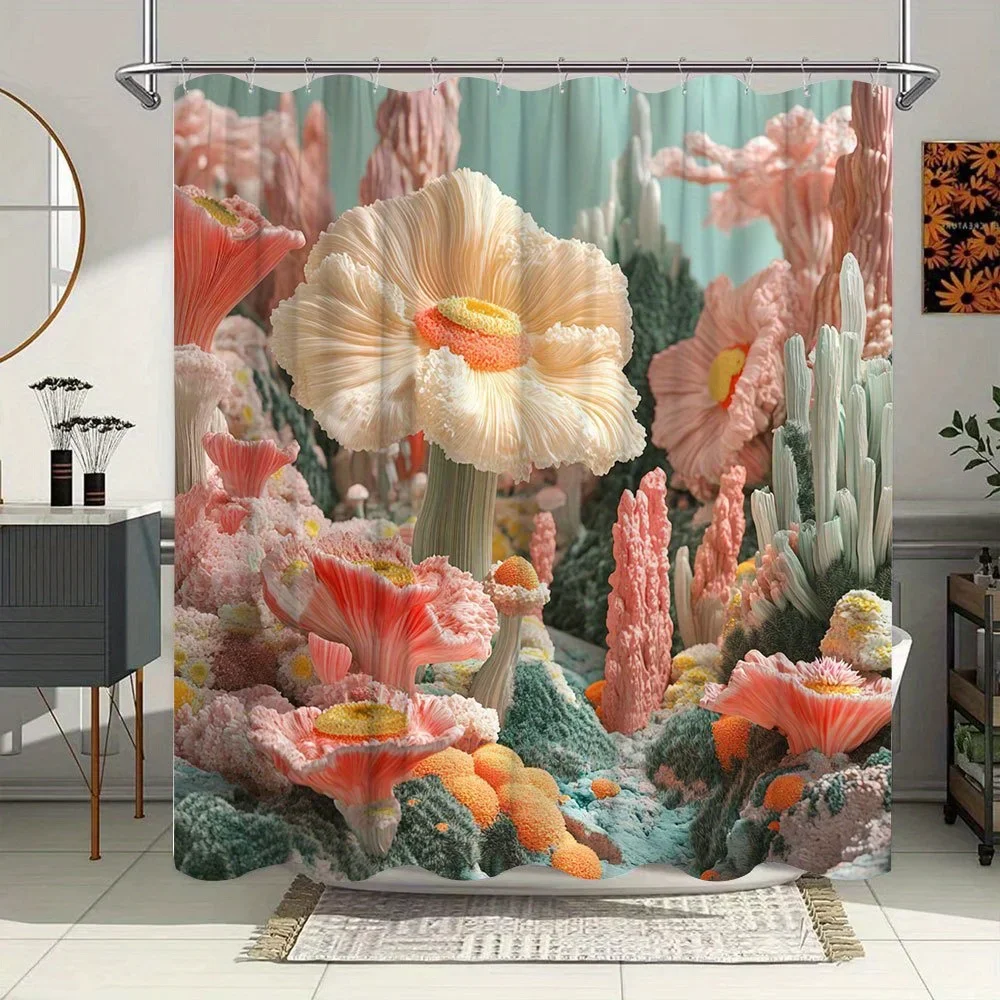 Surreal Garden Bath Curtain - Hyper-Realistic Digital Art with White Ruffled Flowers, Yellow-Orange Centers & Pink-Red Bloom