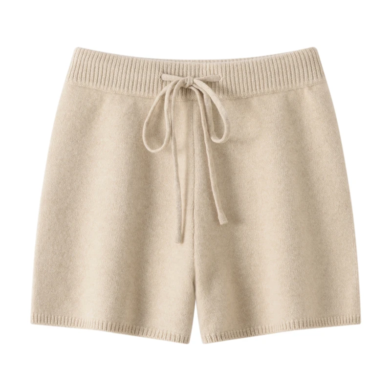 Women Cashmere Shorts Thicken Drawstring Screw Threaded Elastic Waist Short Pants Autumn Winter 100% Cashmere Knitted Fit Shorts
