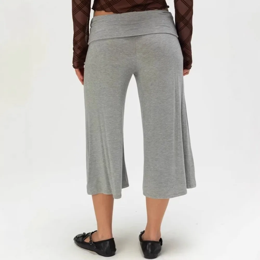 Fold Over Waistband Wide Leg Capri Pants Stretch Fabric Cropped Length Fold Over Palazzo Pants Flowy Silhouette Low Rise Fit