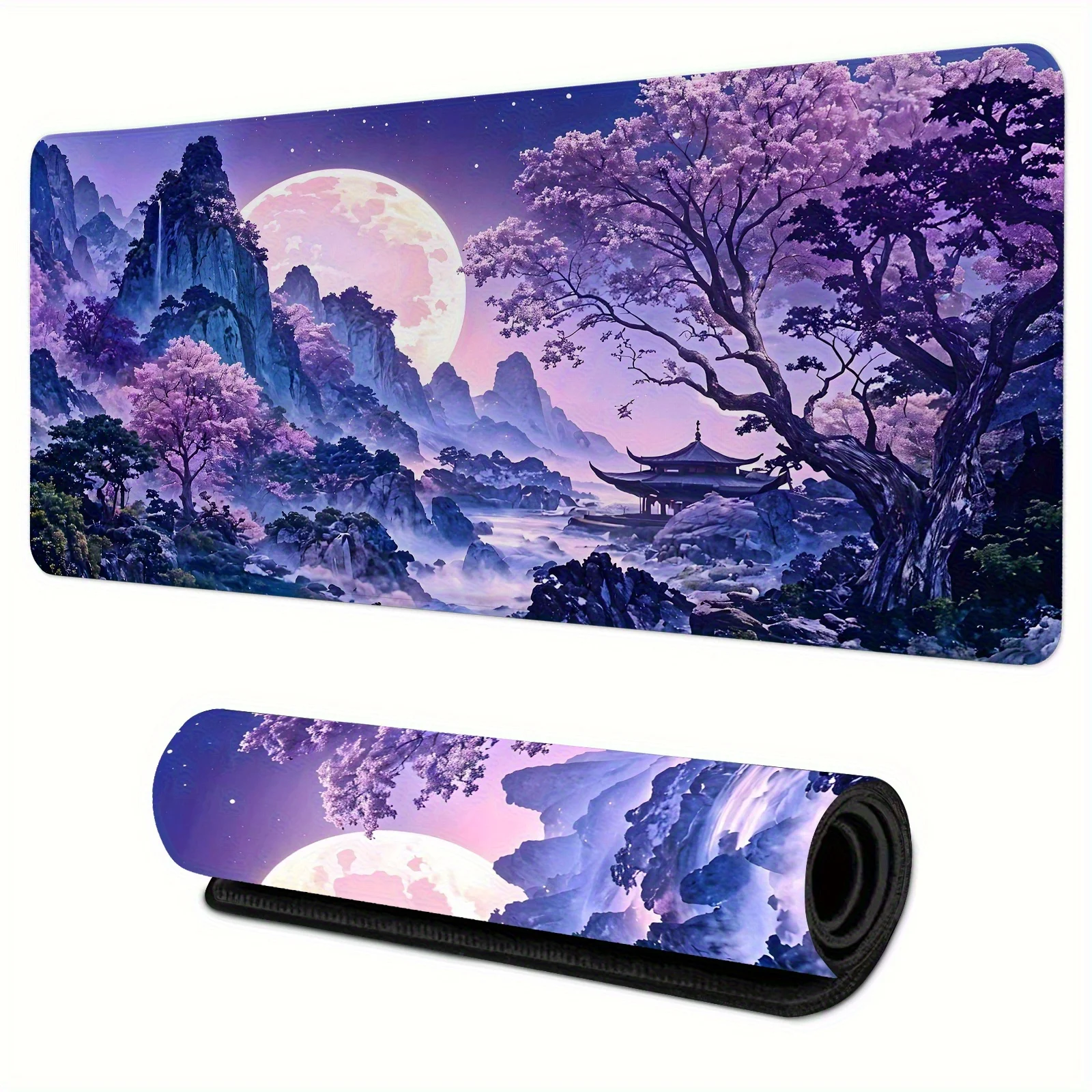 Purple large rubber mouse pad full moon scenery under peach blossoms office decoration game desk mat computer accessories gamers