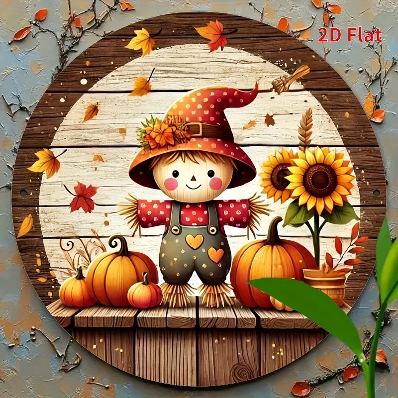 Hd Tin Sign Autumn Scarecrow Pumpkin Sunflower Round Vintage Metal Wall Art Retro Autumn Decoration