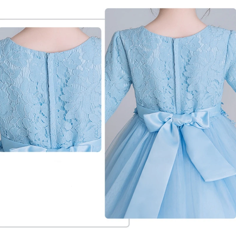 Girl Christening Evening Princess Dresses Women Elegant Party from 5 8 to 9 12 Years Old Kids Winter Long Sleeve Lace Blue Dress