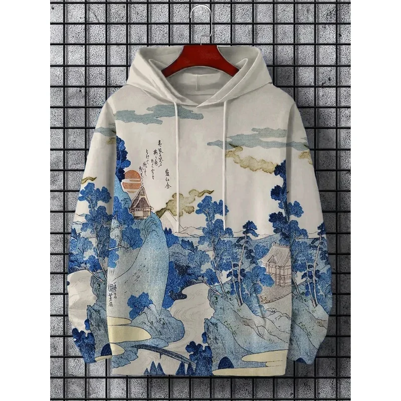 Men's Hoodie Landscape Paint Print Y2k Sweatshirt Harajuku Hooded Shirt Pullover Casual Oversized Long Sleeve Top Men's Clothing