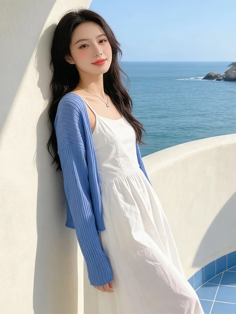 

Spring Knitted Cardigan And White Strap Dr Two-Piece Set Women's Korean Sle Slimming Faion Ensemble Casual Wear