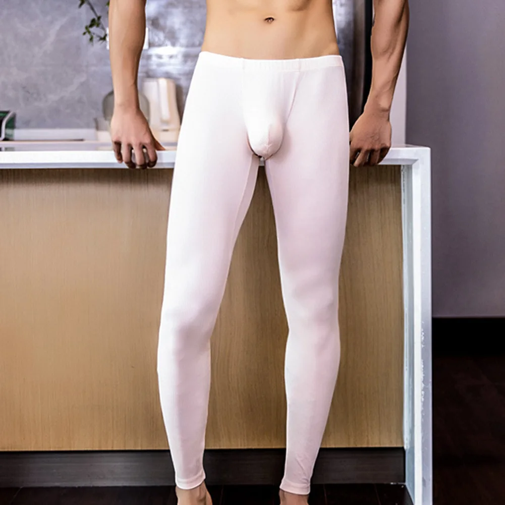 

Autumn Men Thermal Pants Sexy Middle Waist Lounge Home Underwear Tight Bugle Pouch Lingerie Solid Warm Bottoms Elastic Pajama