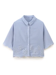 KAOPU ZA Women with embroidered cropped shirt vintage lapel-neck button-up female blouses blusas chic tops