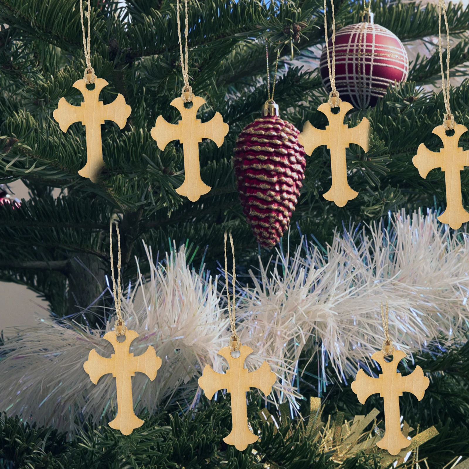

50 Pcs Ornaments for Christmas Tree Wood Chip Cross Hanging Decoration Unfinished Crosses Valentine's Day Craft