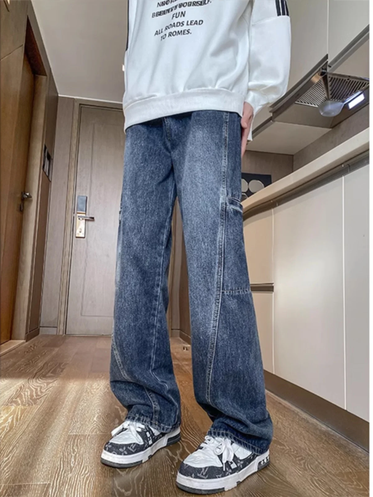 

Мужские джинсы свободного прямого кроя для подростков, осенне-зимние, в американском ретро-стиле, темно-синие, модные, широкие штанины