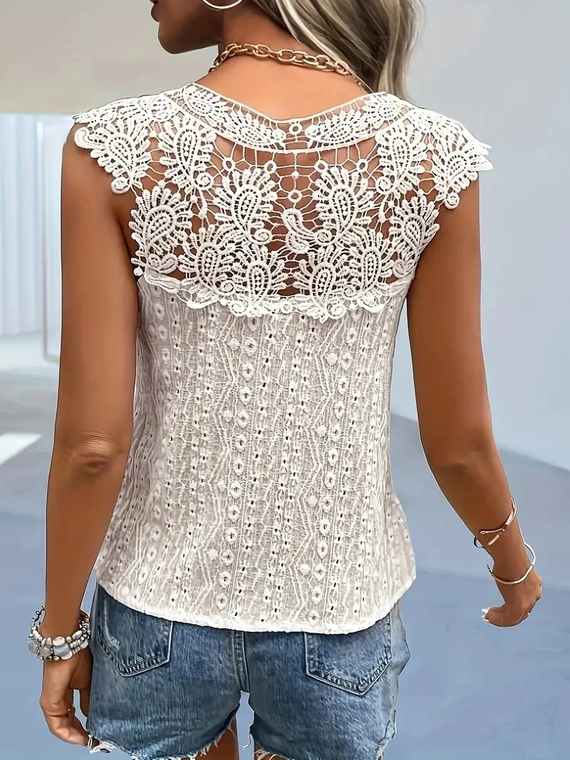 2024 euro-n Women Spring and summer V-neck lace solid color patchwork pullover sleeveless vest t-shirt