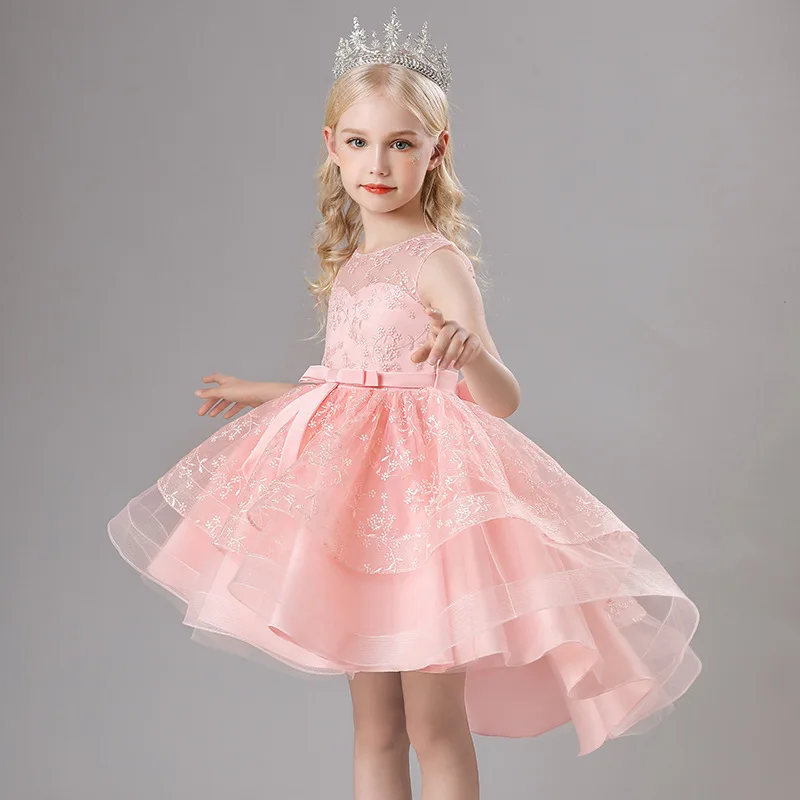 European and American Children's Princess Dress Gown Flower Girl Puffy Tulle Train Dress Little Girl Catwalk Piano Performance D