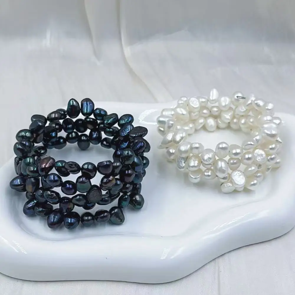 2 Colors Fashion Multi-layer Side Hole Genuine Natural Freshwater White Black Pearl Women Wire Wrap Bracelet
