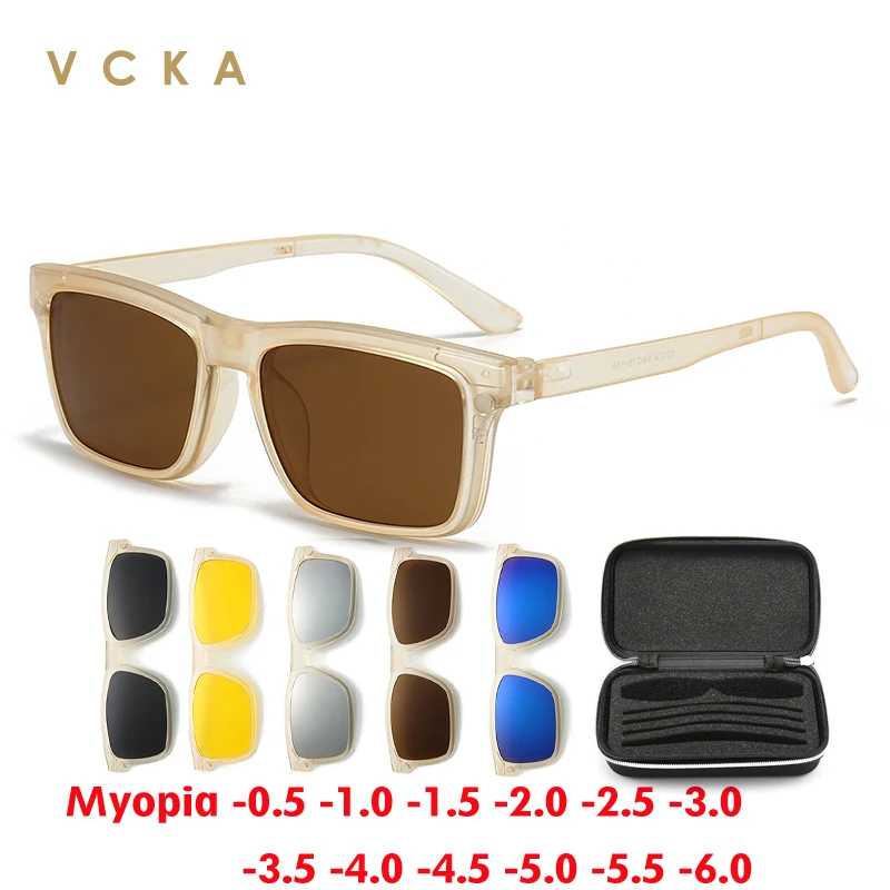 

VCKA Square Women Myopia Sunglasses Magnetic Clip Glasses Men Polarized Transparent Tea Frame Prescription Eyeglass -0.5~-6.0