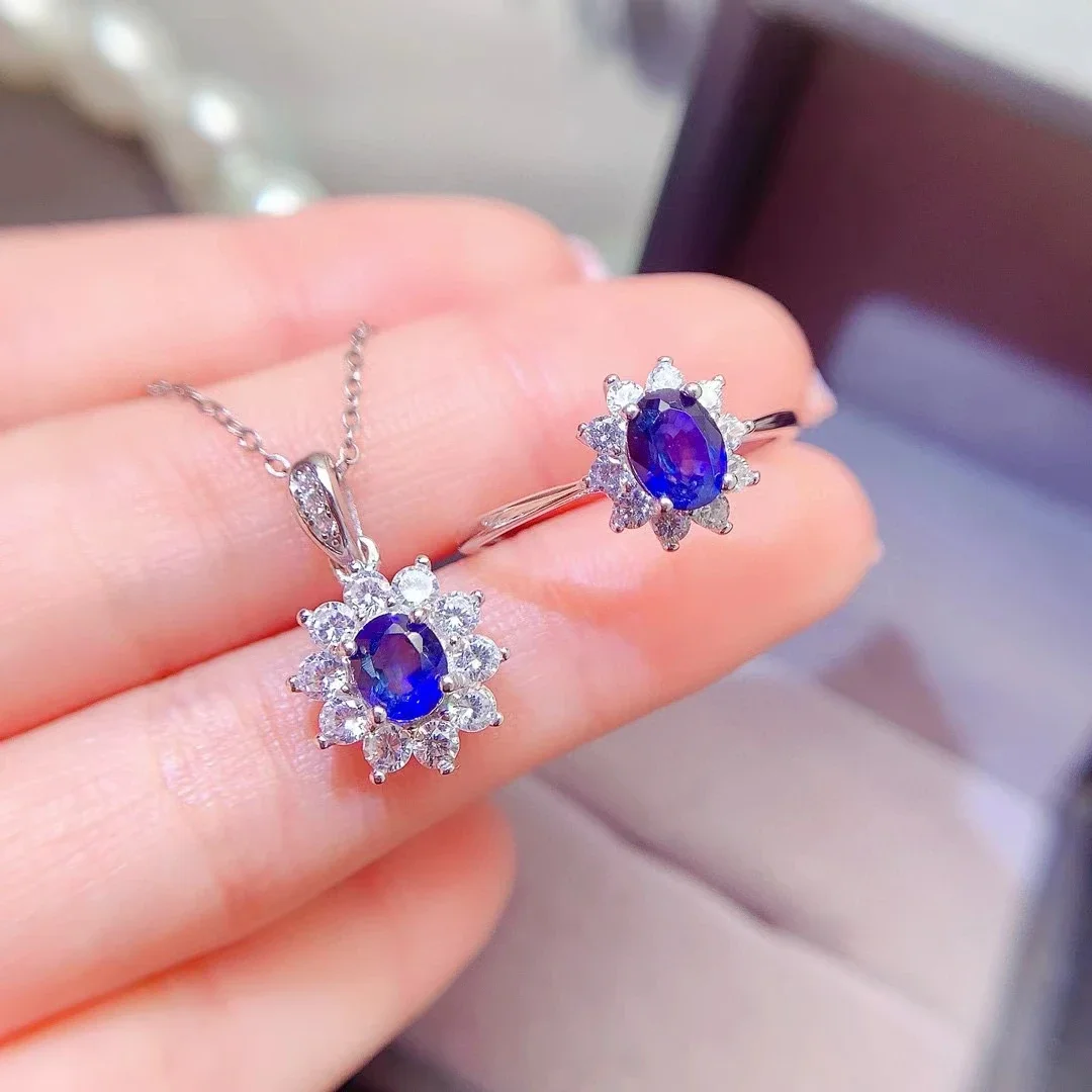 Royal Blue Natural Sapphire Jewelry Set 5mm*6mm Sri Lanka Sapphire Ring and Necklace Pendant with 18K Gold Plating