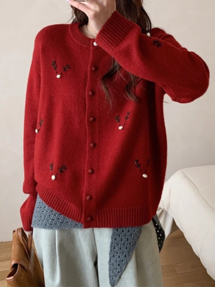 Sweet Casual Round-neck Cartoon Deer Embroidery Long Sleeve All Match Knitted Cardigan