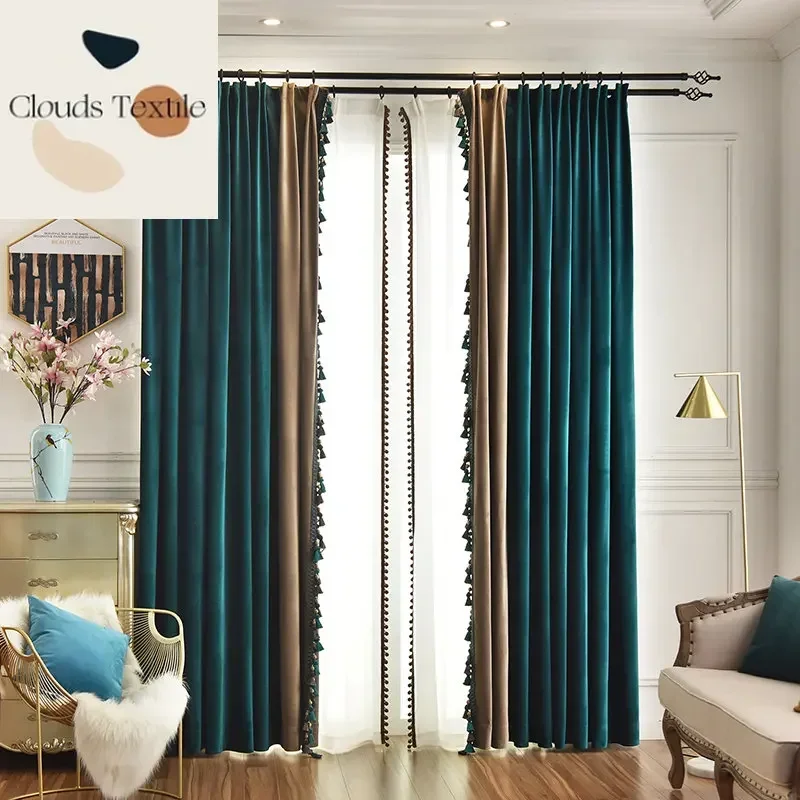 

Luxury Curtains for Living Dining Room Bedroom Velvet Peacock Green Blue Colour Blocking Study Floor Ceiling Floating Customize