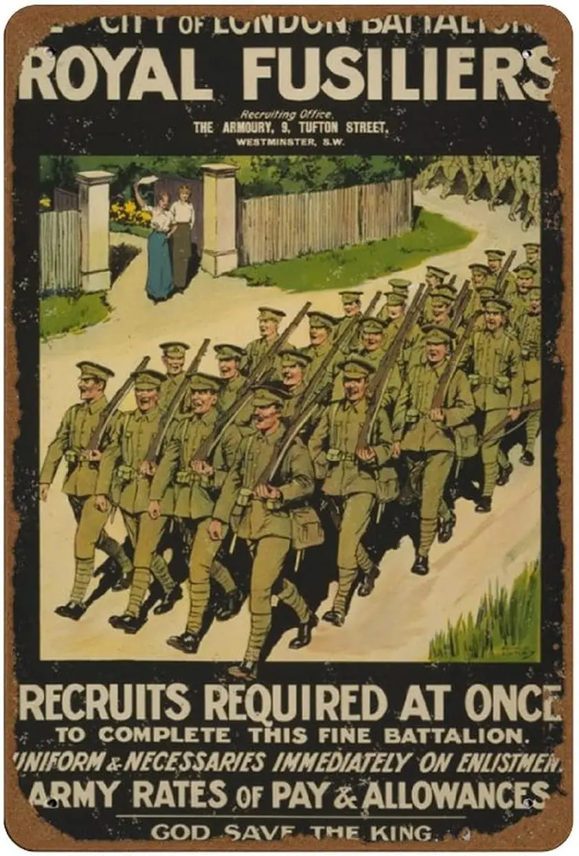 City of London Battalion Royal Fusiliers. Recruits Required Vintage Classic British WW1 Propaganda Poster Novelty 8x12 Tin  sign