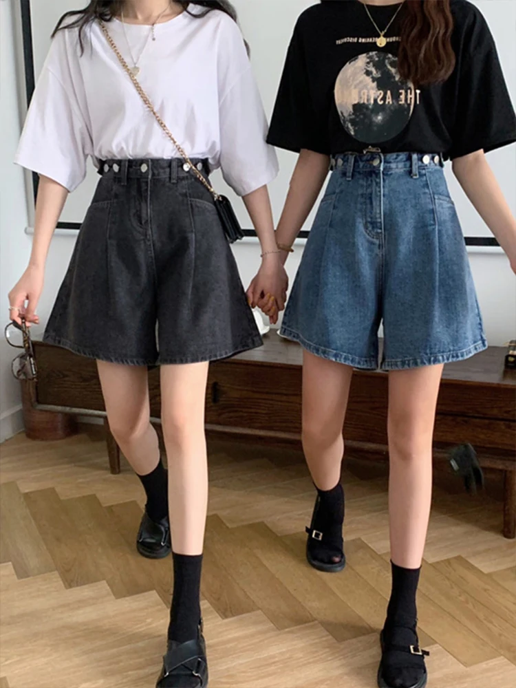 Jeans a gamba larga a vita alta orts Donna taglie forti Pantaloni caldi dimagranti larghi Bottone Sle casual Tessuto denim Crt Colle estivo...