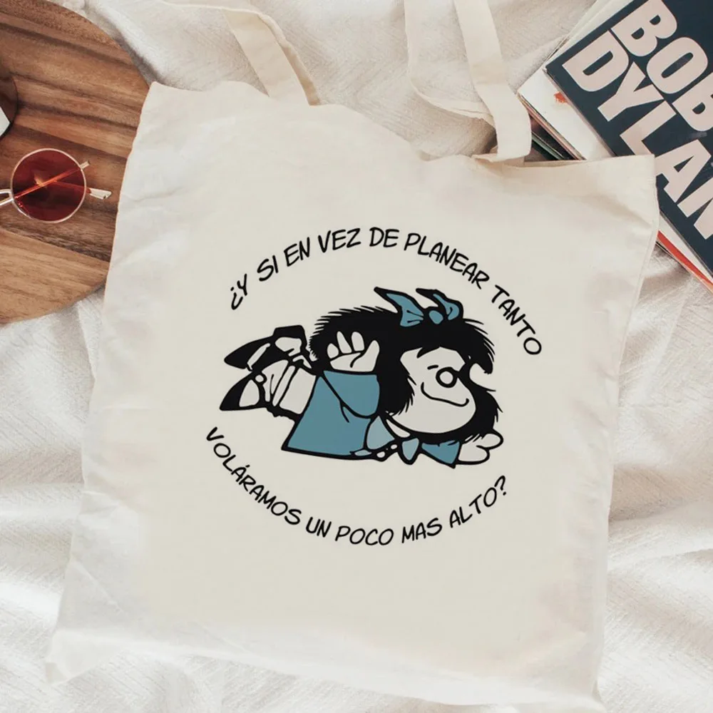 Mafalda-Bolso de compras de lona de algodón, bolsa ecológica, tejido, toile