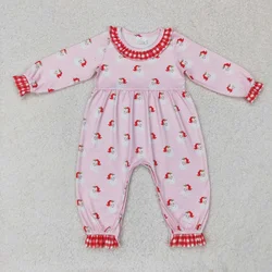 Wholesale Baby Girl Christmas Santas One Piece Newborn Toddler Pink Romper Kids Children Long Sleeves Infant Buttons Jumpsuit