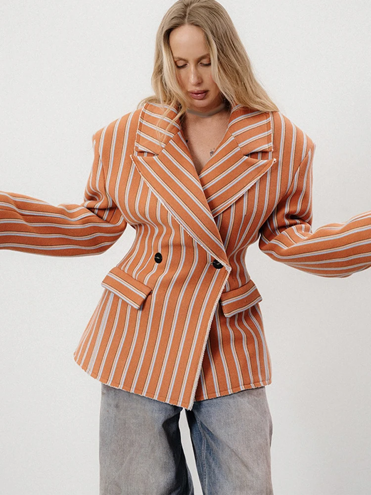 

Elegant Striped Women's Blazer Lapel Full Sleeve Waist-Closed Double-Breasted Lady Coats 2026 Spring Chic Female Streetwear