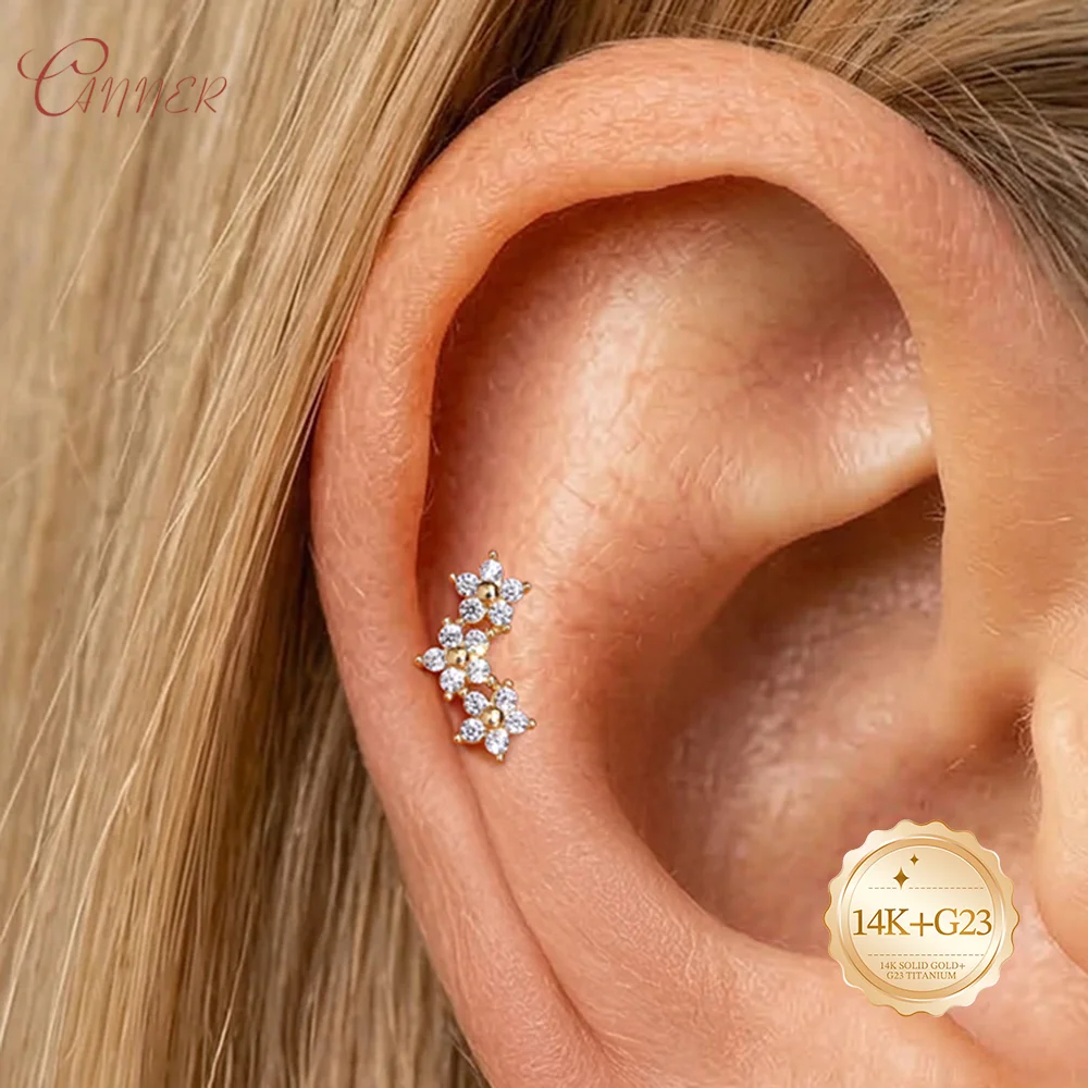 CANNER 14K Solid Gold Classic And Beautiful Flower Stacked Diamond Studded Flat Head Piercing Earrings Women Girls Daily Casual