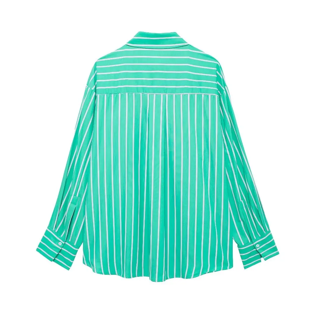 Tangada 2024 Women Green Striped Shirt Long Sleeve Female Cotton Linen Blouse Tops 3h0582