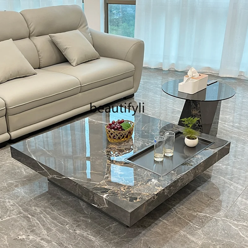 

Italian Minimalist Modern Light Luxury Stone Plate Coffee Table TV Cabinet Living Room High-Grade Solid Wood Designer