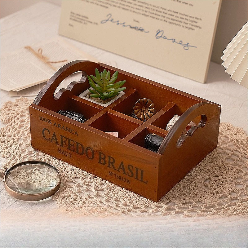 Zakka Retro Wooden 6-Compartment Tray with Handle, Multi-Purpose Storage Box for Succulents & Cosmetics