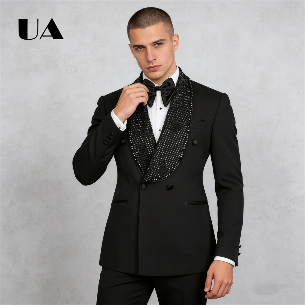 

Men's Double Breasted Suit Jacket with Rhinestones, Shawl Neck Modern Suit Blazer Prom Party Suit Attire Slim Fitted Mens Suit