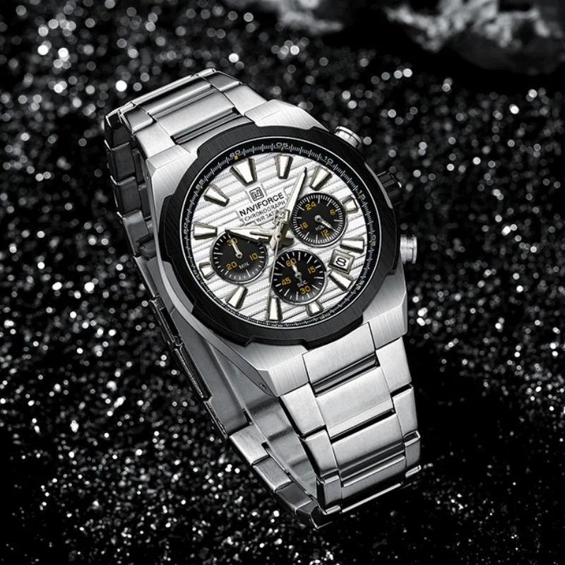 

NAVIFORCE Men's Multifunctional Watch Calendar Stopwatch Luminous Hands 30ATM Waterproof Stainless Steel Watchband Quartz Watch