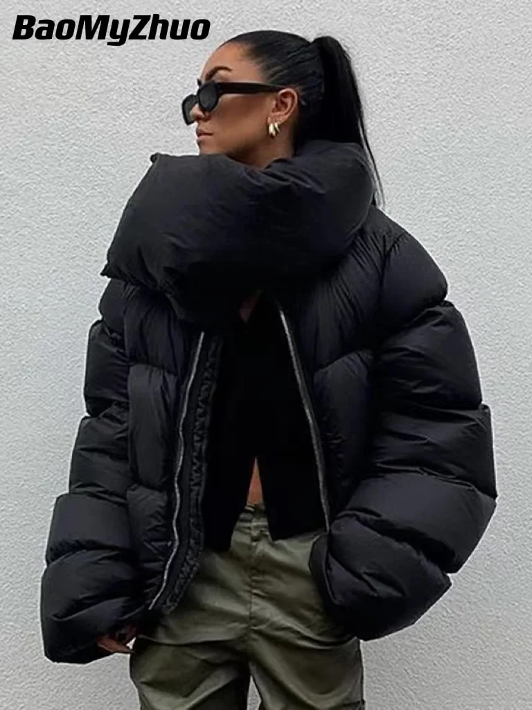 Chaqueta con cuello de bufanda para mujer, abrigos de algodón de burbujas gruesos y sólidos, Parkas acolchadas negras, ropa de exterior informal,