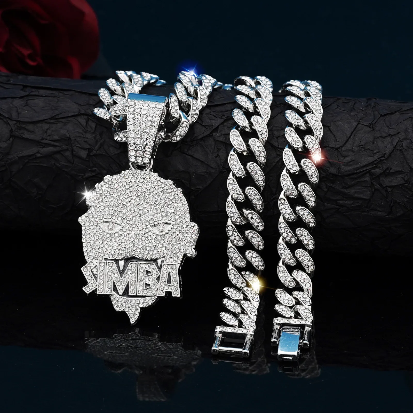 

Hip Hop Street Style Rhinestone Round Shaped SLMBA letters Designed Pendant Necklaces Unisex Daily Wear Cuban Jewelry Gifts