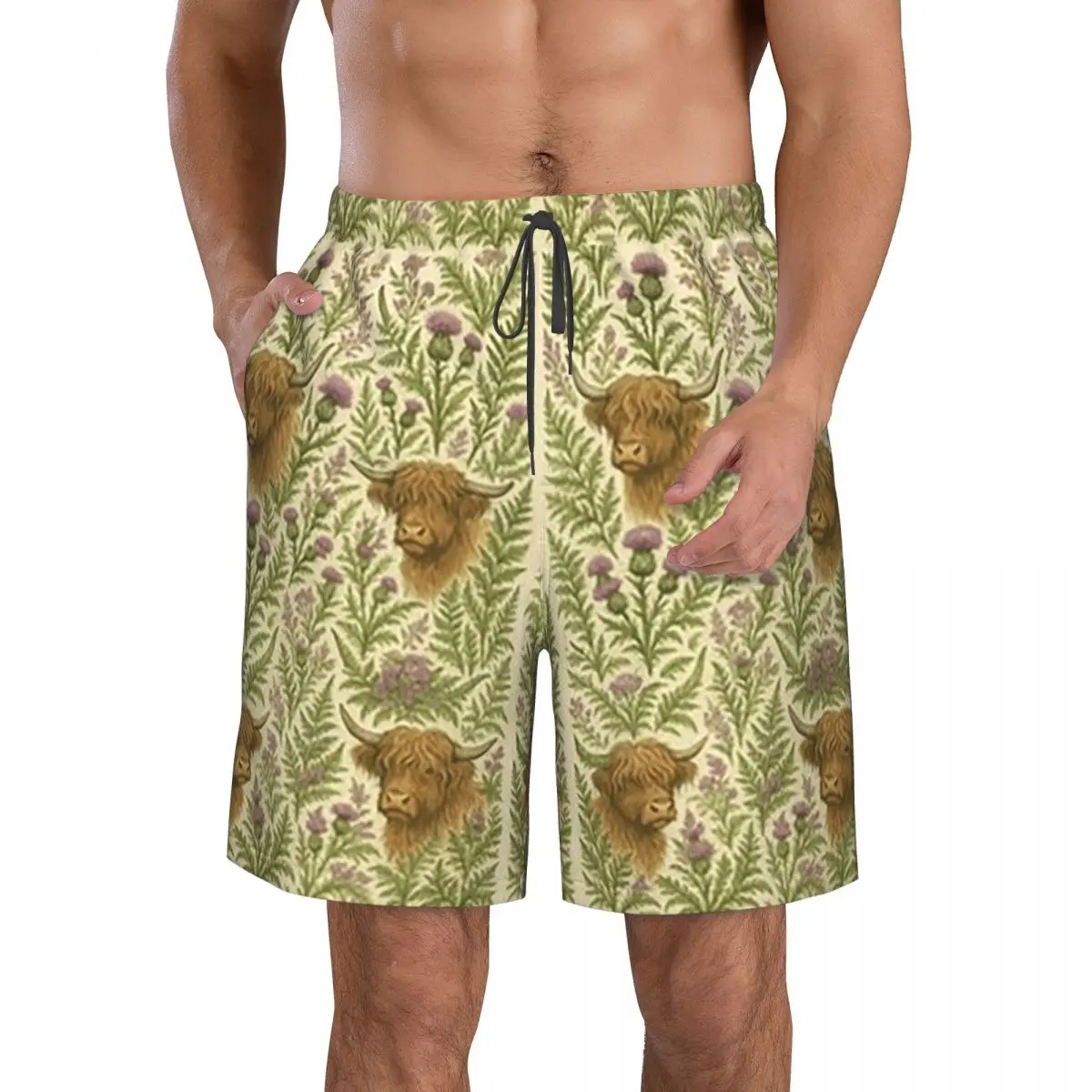 Highland Cow And Thistle Garden Botanical Scottish Cattle Trunks Beach Board Shorts Casual Quick Dry Swimming Summer Men Pants