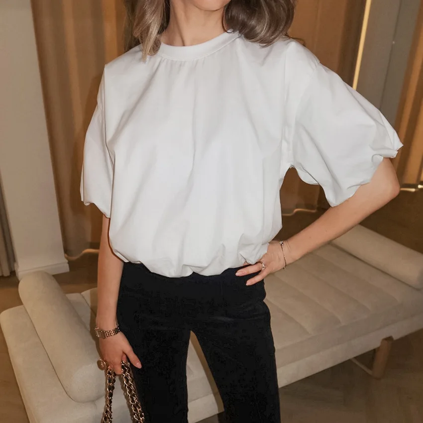 

Commuter bubble sleeve shirt 2026 spring and summer new cotton top