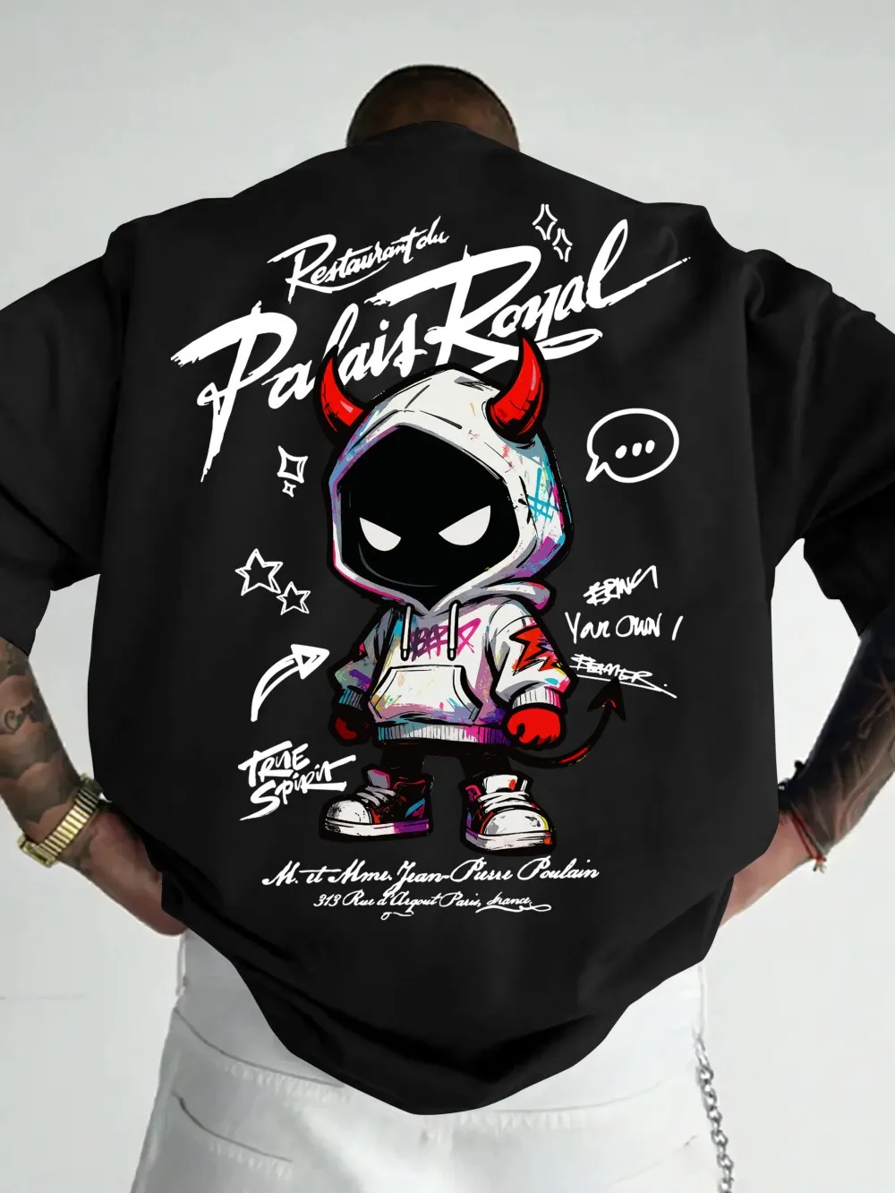 American Men's Summer Little Devil Letter Graffiti Print Micro Elastic Breathable Round Neck T-shirt Outdoor Urban Street Top