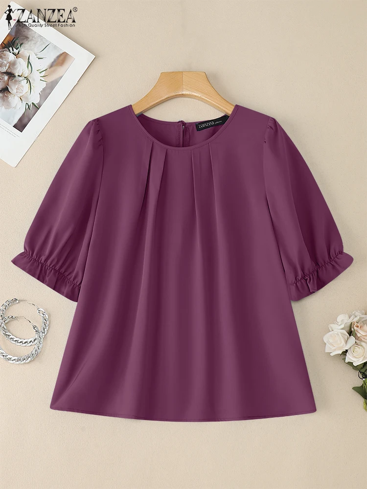 ZANZEA Camicette da donna 2025 Estate Casual Pieghettato O-Collo Mezza manica a sbuffo Blusas Mujer Elegante lavoro d'ufficio Pendolarismo Solid Top
