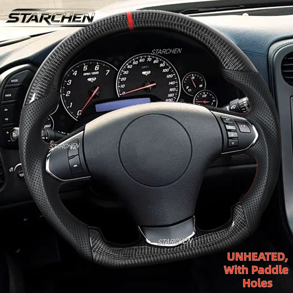 Real Carbon Fiber Steering Wheel for Chevrolet Corvette C6 Z06 ZR1 2012-2013 with Paddle Shifter Holes, D-shaped Flat-bottom Perforated Leather Grip(Non-heated)