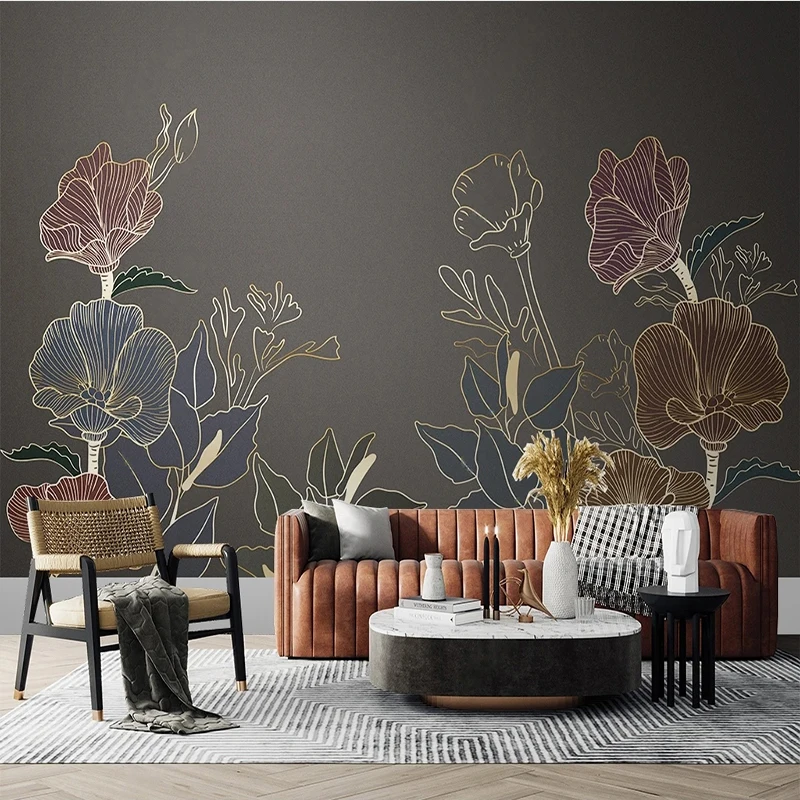 Nordic Light Luxury Plant Line Fiori dipinti Carta da parati Pittura murale 3D Soggiorno Camera da letto TV Divano Decorazioni per la casa Arte murale 3D