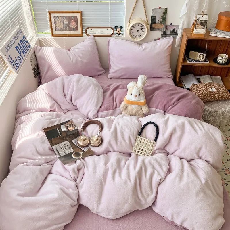olid color thickened milk fleece bed sheet four-piece set color matching winter coral fleece student dormitory