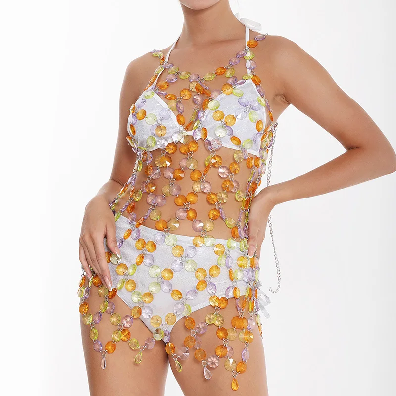 

Ювелирные изделия для тела, цепочка на грудь, сексуальная юбка с имитацией кристаллов, полая цепочка для всего тела, сексуальная сетчатая акриловая цепочка на грудь для ночного клуба для женщин