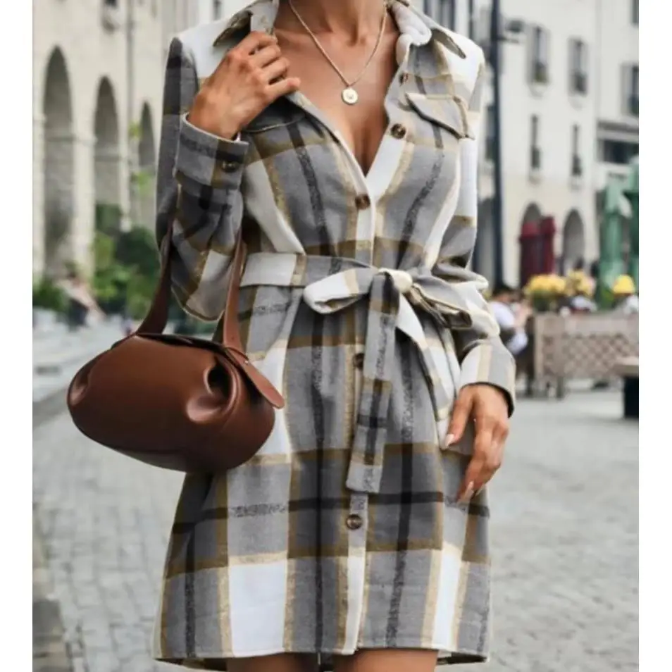Women's Woolen Plaid irt Collar Single Strap Long Sve Regular Fit Midi Length Polyester Fiber Autumn Season Faion
