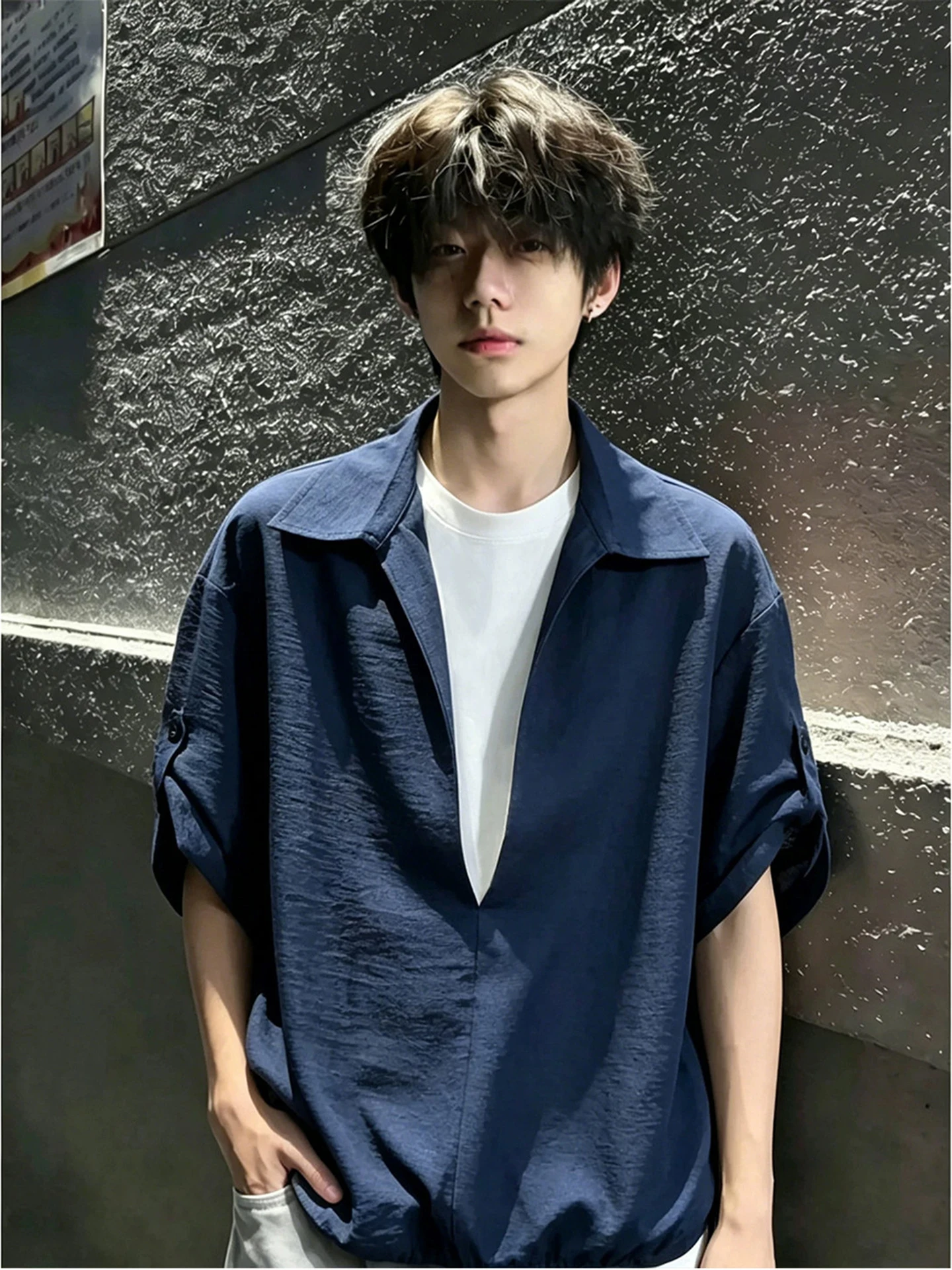 Purple V-Neck Ice Silk Short Sleeve Shirt Men's Summer CleanFit Mock Linen Texture Shirt Loose Fit Polyester Fiber Casual Style
